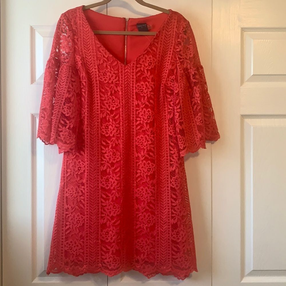 Gabby Skye Hot Pink‎ Lace Dress Bell Sleeves Size 8